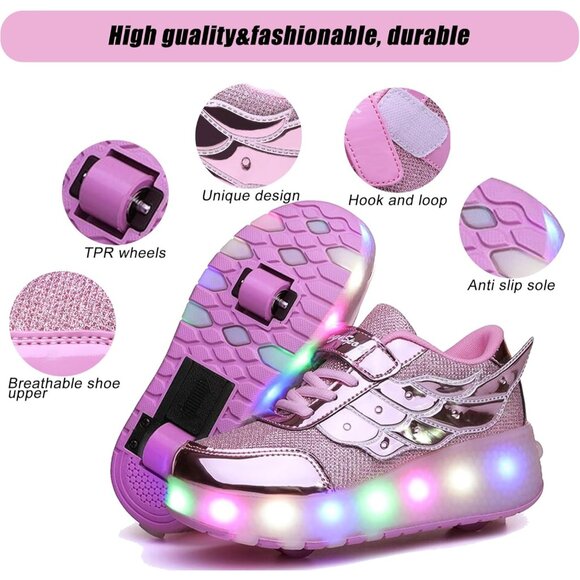 Kids Rose Usb Chargeable Led Light Up Wheeled Skate Sneaker Shoes - Picture 6 of 9